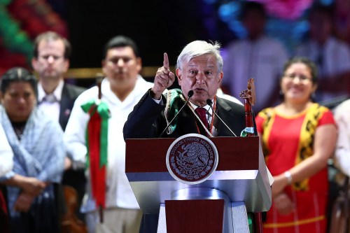 Mexico's President Andres Manuel Lopez Obrador addresses supporters after receiving the staff of command from indigenous people during the AMLO Fest at Zocalo square in Mexico City, Mexico December 1, 2018. Picture taken December 1, 2018. REUTERS/Edgard Garrido