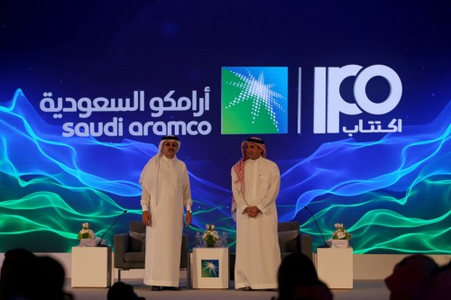 Yasser al-Rumayyan, Saudi Aramco's chairman, and Amin H. Nasser, president and CEO of Aramco, attend a news conference at the Plaza Conference Center in Dhahran, Saudi Arabia November 3, 2019. REUTERS/Hamad I Mohammed - RC14A8AB6F00