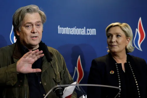 Marine Le Pen, National Front (FN) political party leader, and Former White House Chief Strategist Steve Bannon attend a news conference, during the party's convention in Lille, France, March 10, 2018. REUTERS/Pascal Rossignol - RC14728484E0