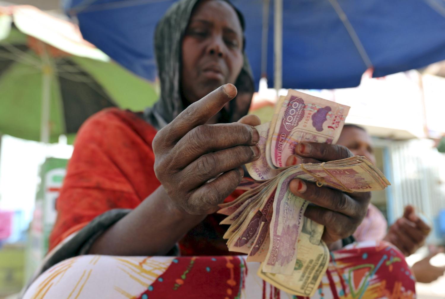 A money changer counts local currency notes at a local bureau where $100 US dollar exchanges for 750,000 Somaliland shillings in Hargeysa May 19, 2015 REUTERS/Feisal Omar - GF10000100128