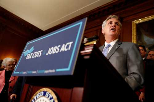 House Majority Leader Rep. Kevin McCarthy (R-CA) speaks at news conference announcing the passage of the "Tax Cuts and Jobs Act" at the U.S. Capitol in Washington, U.S., November 16, 2017. REUTERS/Aaron P. Bernstein