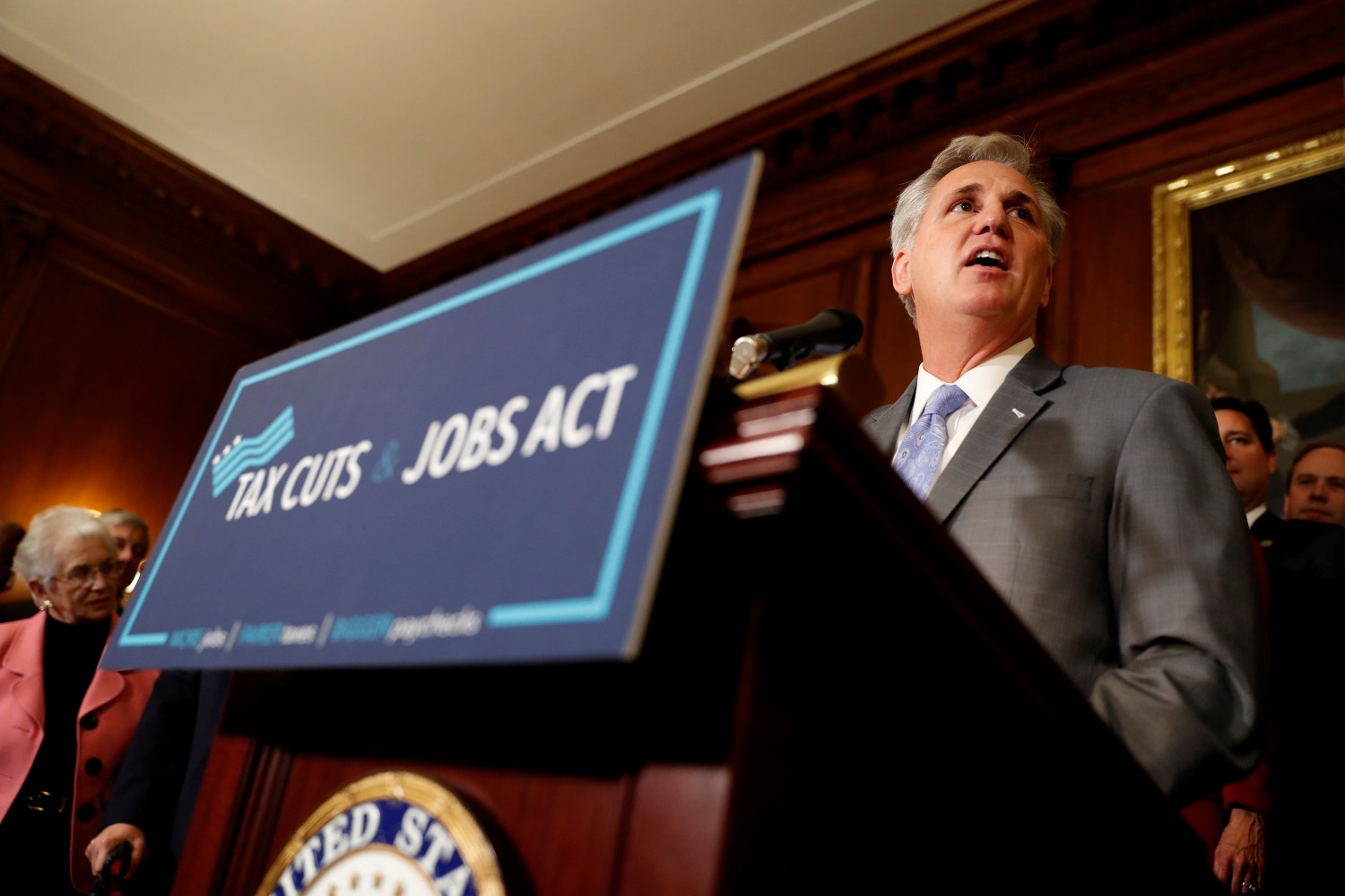 House Majority Leader Rep. Kevin McCarthy (R-CA) speaks at news conference announcing the passage of the "Tax Cuts and Jobs Act" at the U.S. Capitol in Washington, U.S., November 16, 2017. REUTERS/Aaron P. Bernstein