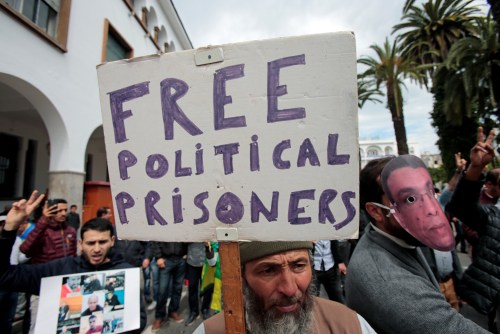 People protest during a solidarity march for jailed leaders of the protests that shook the northern Rif region in late 2016 and 2017, in Rabat, Morocco April 21, 2019. REUTERS/Youssef Boudlal