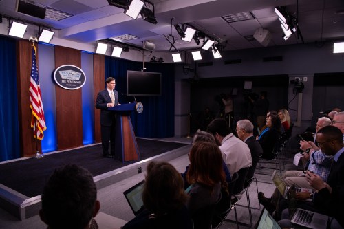WASHINGTON, USA - The US Secretary of Defense Dr. Mark T. Esper speaks to the press during a press conference at the Pentagon Information Room in Washington, DC, on January 7, 2020. Mark Esper justified the military operation that, last Friday, ended the life of Iranian General Soleimani when he was in Baghdad. In addition, he explained that the US does not seek to start a war, but ?is prepared to end one? in case a conflict erupts