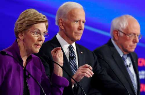 FILE PHOTO: Democratic 2020 U.S. presidential candidates Senator Elizabeth Warren (D-MA) speaks with former Vice President Joe Biden and Senator Bernie Sanders (I-VT) listening at the seventh Democratic 2020 presidential debate at Drake University in Des Moines, Iowa, U.S., January 14, 2020. REUTERS/Shannon Stapleton/File Photo