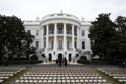 Workers prepare the South Lawn for a ceremony for U.S. President Donald Trump to sign the United States-Mexico-Canada Agreement (USMCA) trade deal at the White House in Washington, U.S. January 29, 2020. REUTERS/Jonathan Ernst