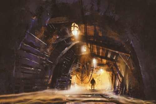 inside of the mine shaft with fog,illustration,digital painting