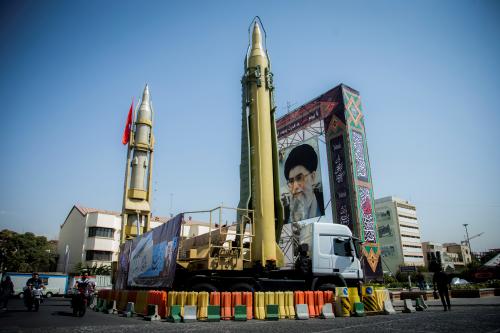 FILE PHOTO: A display featuring missiles and a portrait of Iran's Supreme Leader Ayatollah Ali Khamenei is seen at Baharestan Square in Tehran, Iran September 27, 2017. Picture taken September 27, 2017. Nazanin Tabatabaee Yazdi/TIMA via REUTERS ATTENTION EDITORS - THIS IMAGE WAS PROVIDED BY A THIRD PARTY./File Photo