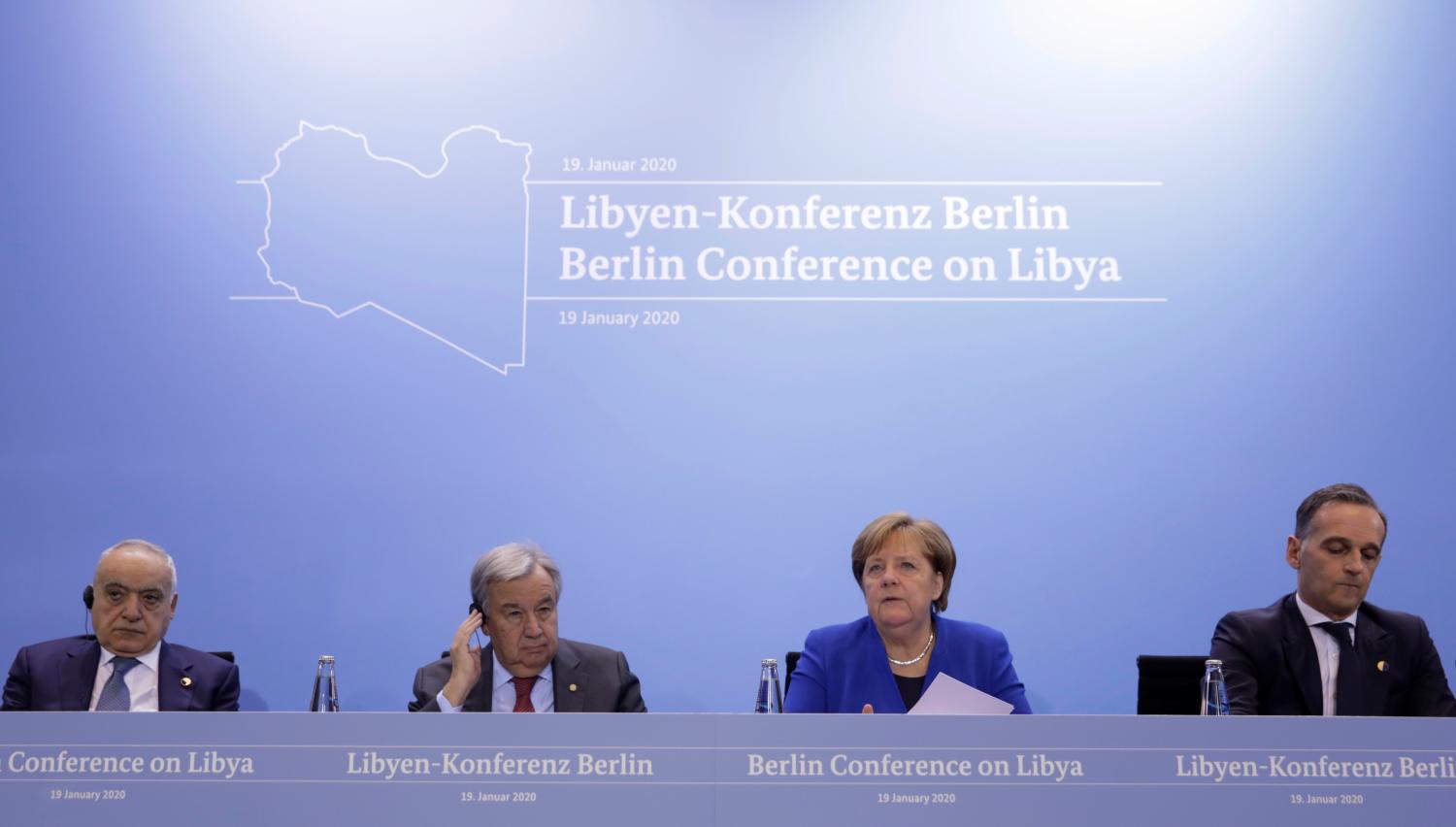 U.N. Envoy for Libya Ghassan Salame, United Nations Secretary-General Antonio Guterres, Germany's Chancellor Angela Merkel and Germany's Foreign Minister Heiko Maas attend a news conference after the Libya summit in Berlin, Germany, January 19, 2020. REUTERS/Axel Schmidt/Pool