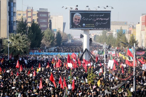 Iranian people attend a funeral procession and burial for Iranian Major-General Qassem Soleimani, head of the elite Quds Force, who was killed in an air strike at Baghdad airport, at his hometown in Kerman, Iran January 7, 2020. Mehdi Bolourian/Fars News Agency/WANA (West Asia News Agency) via REUTERS ATTENTION EDITORS - THIS IMAGE HAS BEEN SUPPLIED BY A THIRD PARTY