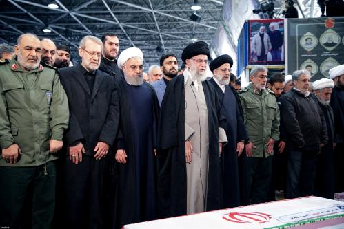 FILE PHOTO: Iran's Supreme Leader Ayatollah Ali Khamenei and Iranian President Hassan Rouhani pray near the coffin of Iranian Major-General Qassem Soleimani, head of the elite Quds Force, who was killed in an air strike at Baghdad airport, in Tehran, Iran, January 6, 2020. Official President's website/Handout via REUTERS ATTENTION EDITORS - THIS IMAGE WAS PROVIDED BY A THIRD PARTY. NO RESALES. NO ARCHIVES/File Photo