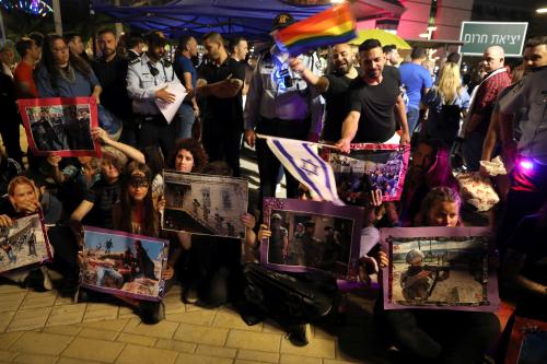 Supporters of the 'BDS' movement protest outside the venue where the 2019 Eurovision song contest final is about to take place in Tel Aviv, Israel May 18, 2019. REUTERS/Ammar Awad