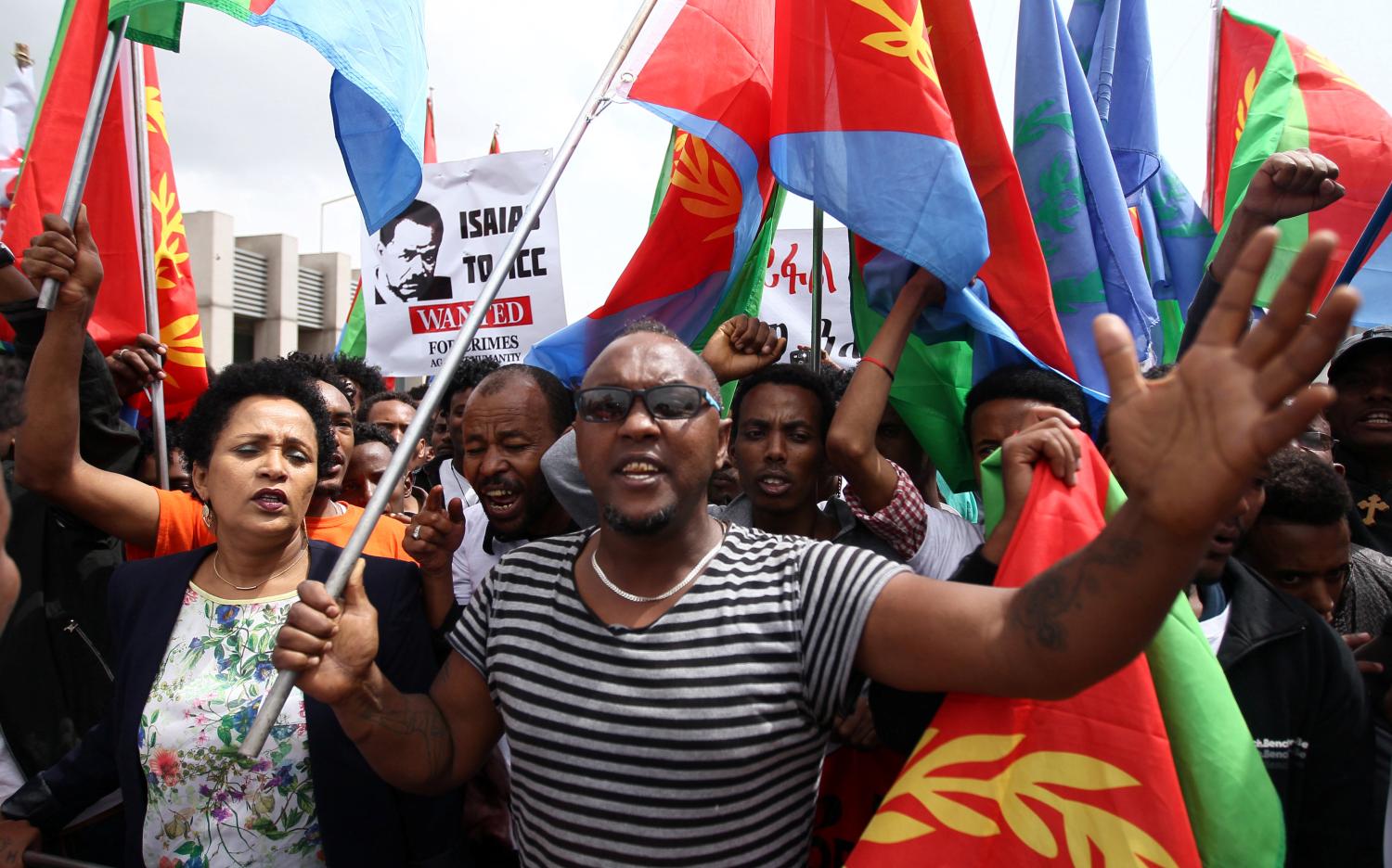 Eritrean refugees participate in a demonstration in support of a U.N. human rights report accusing Eritrean leaders of crimes against humanity in front of the Africa Union headquarters in Ethiopia's capital Addis Ababa, June 23, 2016. REUTERS/Tiksa Negeri