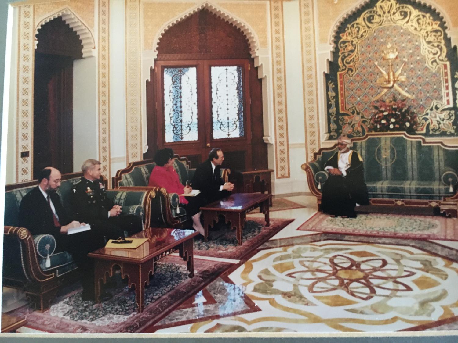 Sultan Qaboos meeting with Secretary of Defense William Perry in the Royal Palace in Muscat in 1996.