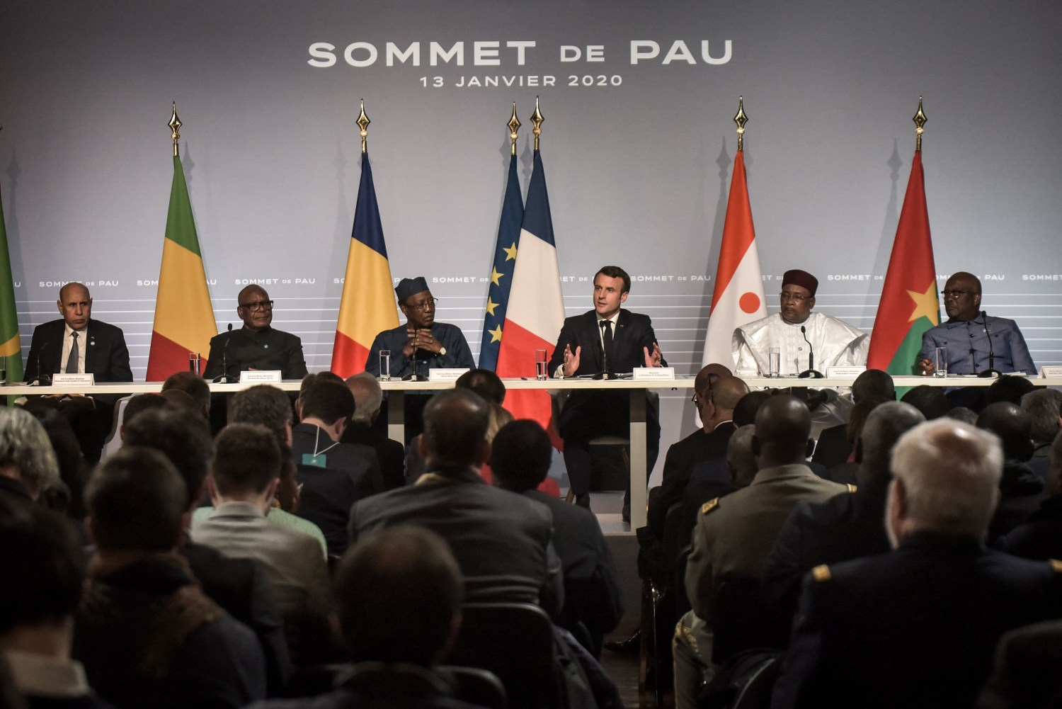 French President Emmanuel Macron (3-R), flanked by Mali's President Ibrahim Boubacar Keita (2-L), Burkina Faso's President Roch Marc Christian Kabore (R), Niger President Mahamadou Issoufou (2-R), Mauritania's President Mohamed Ould Cheikh El Ghazouani (L) and Chad's President Idriss Deby (3-R), speaks during a press conference as part of the G5 Sahel summit on the situation in the Sahel region at the Chateau de Pau in Pau, France, January 13, 2020. Photo by Quentin Top/Pool/ABACAPRESS.COM