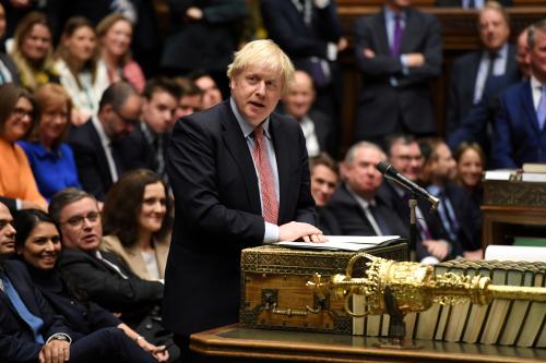 FILE PHOTO: Britain's Prime Minister Boris Johnson speaks during a lawmakers meeting to elect a speaker, in London, Britain December 17, 2019. ©UK Parliament/Jessica Taylor/Handout via REUTERS THIS IMAGE HAS BEEN SUPPLIED BY A THIRD PARTY./File Photo