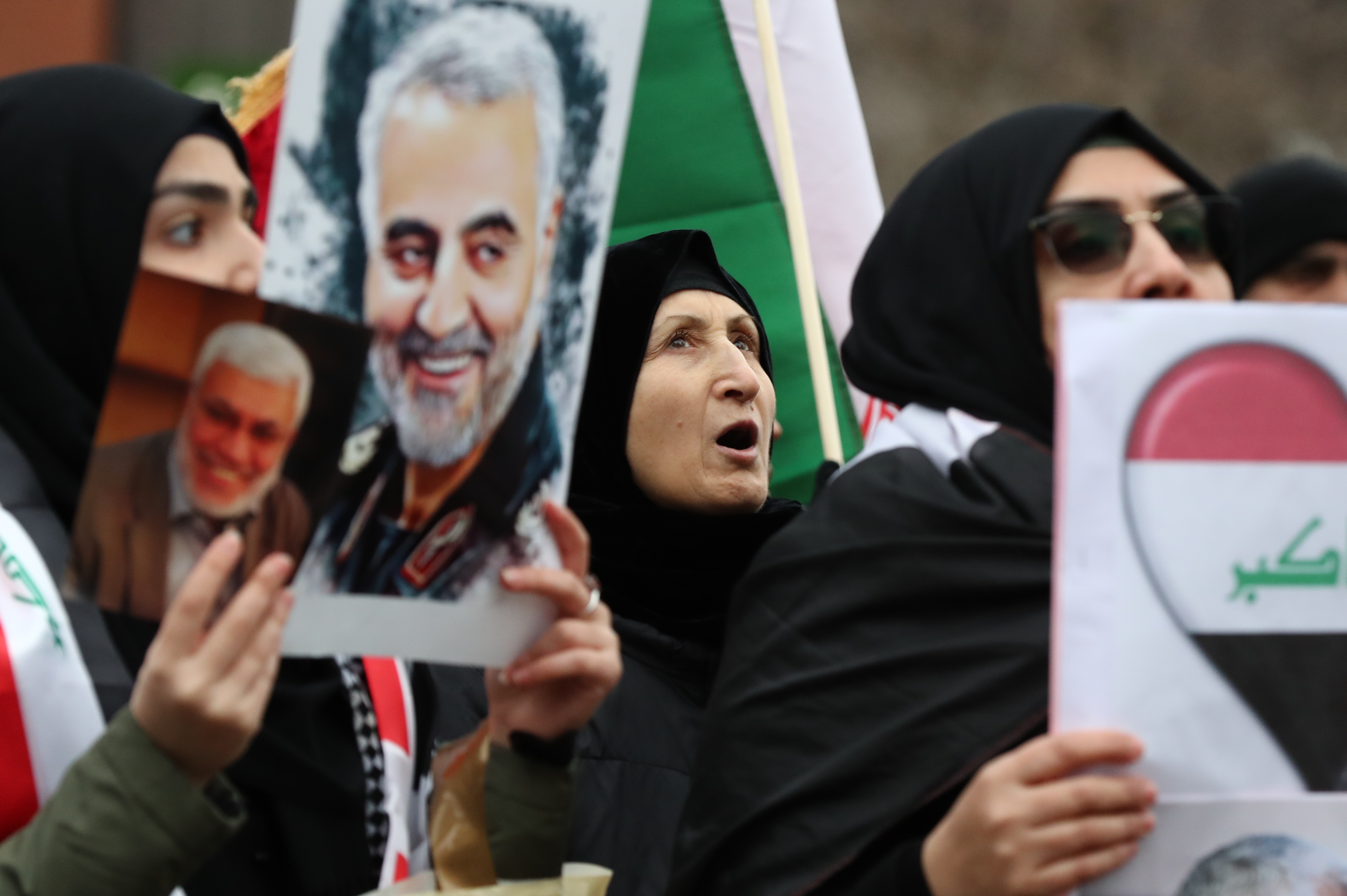 Protesters demonstrate outside the US Embassy in Nine Elms, London, after the US killed the head of Tehran's elite Quds Force and Iran's top general, General Qassem Soleimani, in a drone strike at Baghdad's international airport.