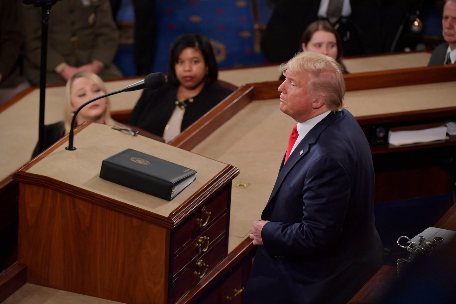 Feb 4, 2020; Washington, DC, USA;  President Donald J. Trump delivers the State of the Union address from the House chamber of the United States Capitol in Washington. Mandatory Credit: Jack Gruber-USA TODAY