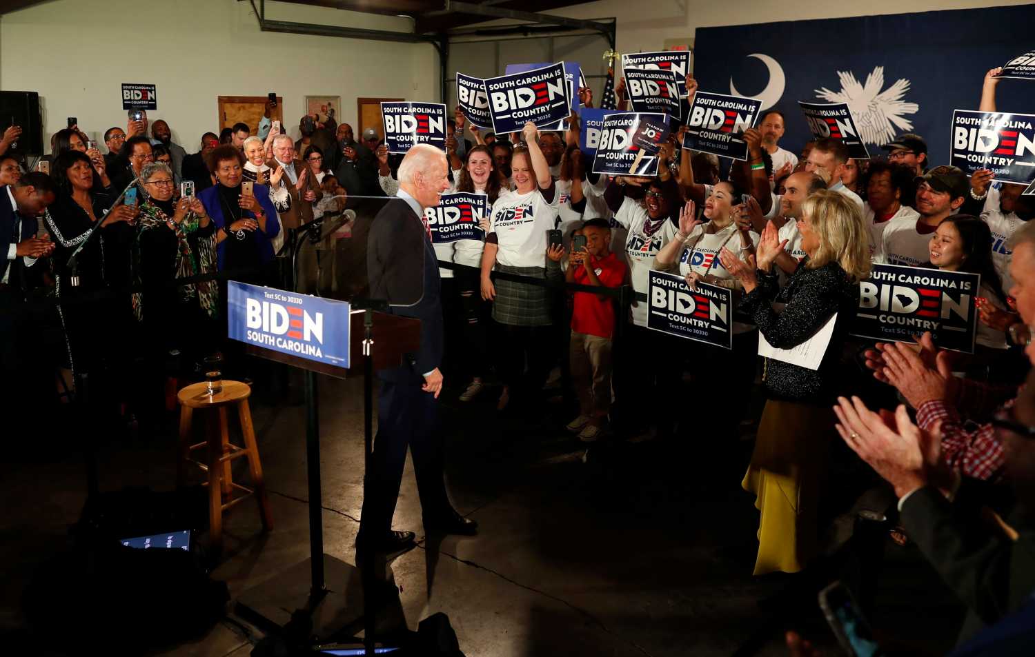 Democratic U.S. presidential candidate and former Vice President Joe Biden and his wife Jill arrive at a campaign rally on the night of the New Hampshire primary in Columbia, South Carolina, U.S., February 11, 2020. REUTERS/Randall Hill