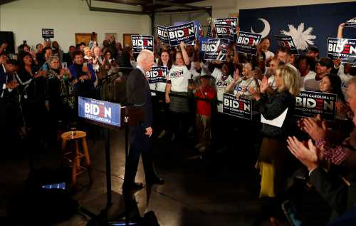 Democratic U.S. presidential candidate and former Vice President Joe Biden and his wife Jill arrive at a campaign rally on the night of the New Hampshire primary in Columbia, South Carolina, U.S., February 11, 2020. REUTERS/Randall Hill