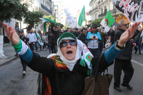 A woman gestures during a demonstration to mark the first anniversary of protests that ousted President Abdelaziz Bouteflika, in Algiers, Algeria February 22, 2020. REUTERS/Ramzi Boudina