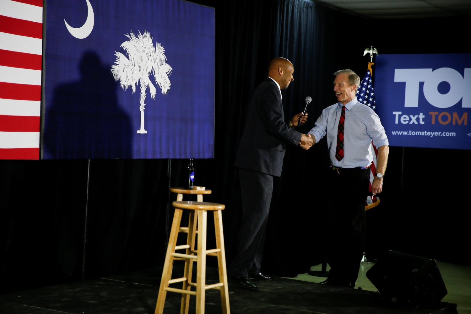 State Rep. Shedron Williams (L) introduces Democratic U.S. presidential candidate Tom Steyer during a campaign event in Hampton, South Carolina, U.S., February 23, 2020.  REUTERS/Elizabeth Frantz