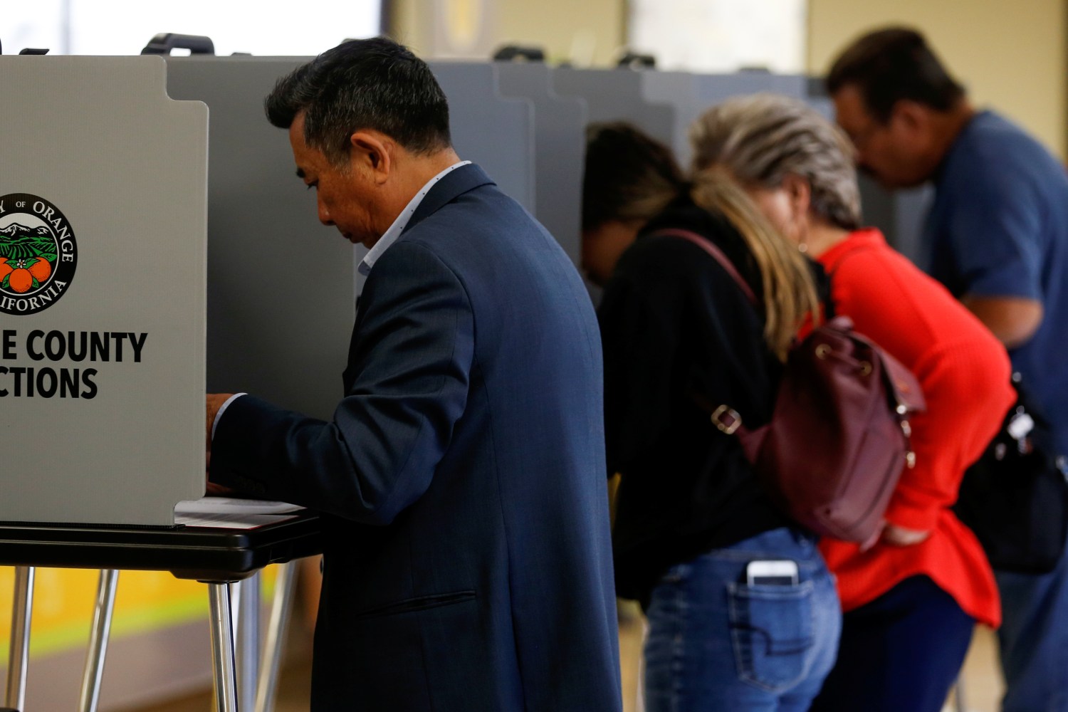 California voters cast their ballots in the March 3 Super Tuesday primary as new voting procedures and technology are used to make voting easier and more secure in Santa Ana, California, U.S., February 24, 2020. Picture taken February 24, 2020.      REUTERS/Mike Blake