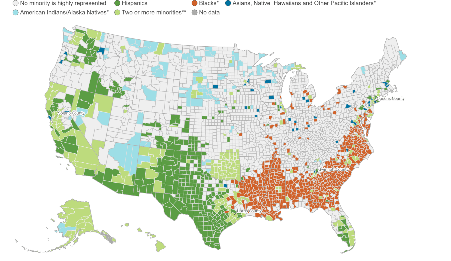 Map: where race-ethnic minority groups are highly represented, by county