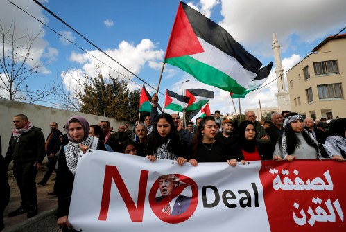 Israeli Arabs take part in a protest against the U.S. President Donald Trump's Middle East peace plan in the town of Baqa Al-Gharbiyye, northern Israel February 1, 2020. REUTERS/Ammar Awad - RC2PRE9ALSW6