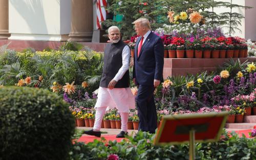 U.S. President Donald Trump and India's Prime Minister Narendra Modi arrive for their joint news conference at Hyderabad House in New Delhi, India, February 25, 2020. REUTERS/Adnan Abidi - RC2R7F9AGQ0M