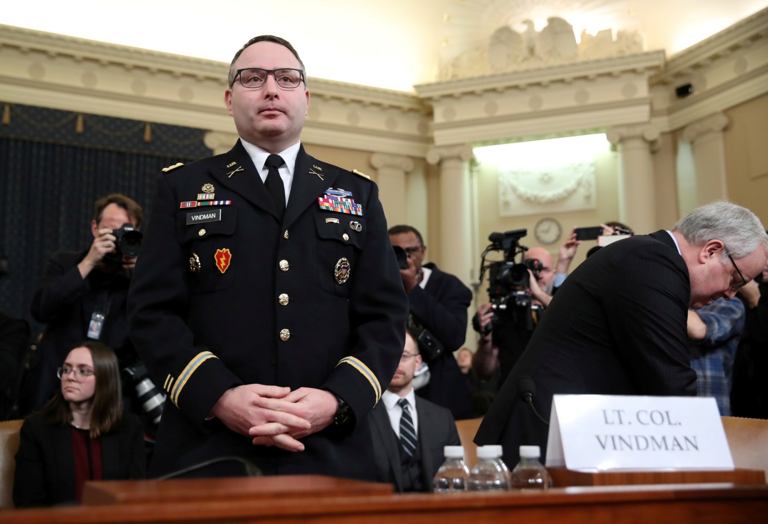 FILE PHOTO: Lt. Colonel Alexander Vindman, director for European Affairs at the National Security Council, arrives to testify before a House Intelligence Committee hearing as part of the impeachment inquiry into U.S. President Donald Trump on Capitol Hill in Washington, U.S., November 19, 2019. REUTERS/Jonathan Ernst/File Photo