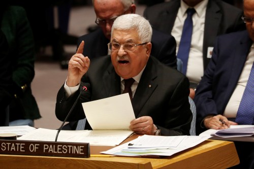 Palestinian President Mahmoud Abbas speaks during a Security Council meeting at the United Nations in New York, U.S., February 11, 2020.  REUTERS/Shannon Stapleton