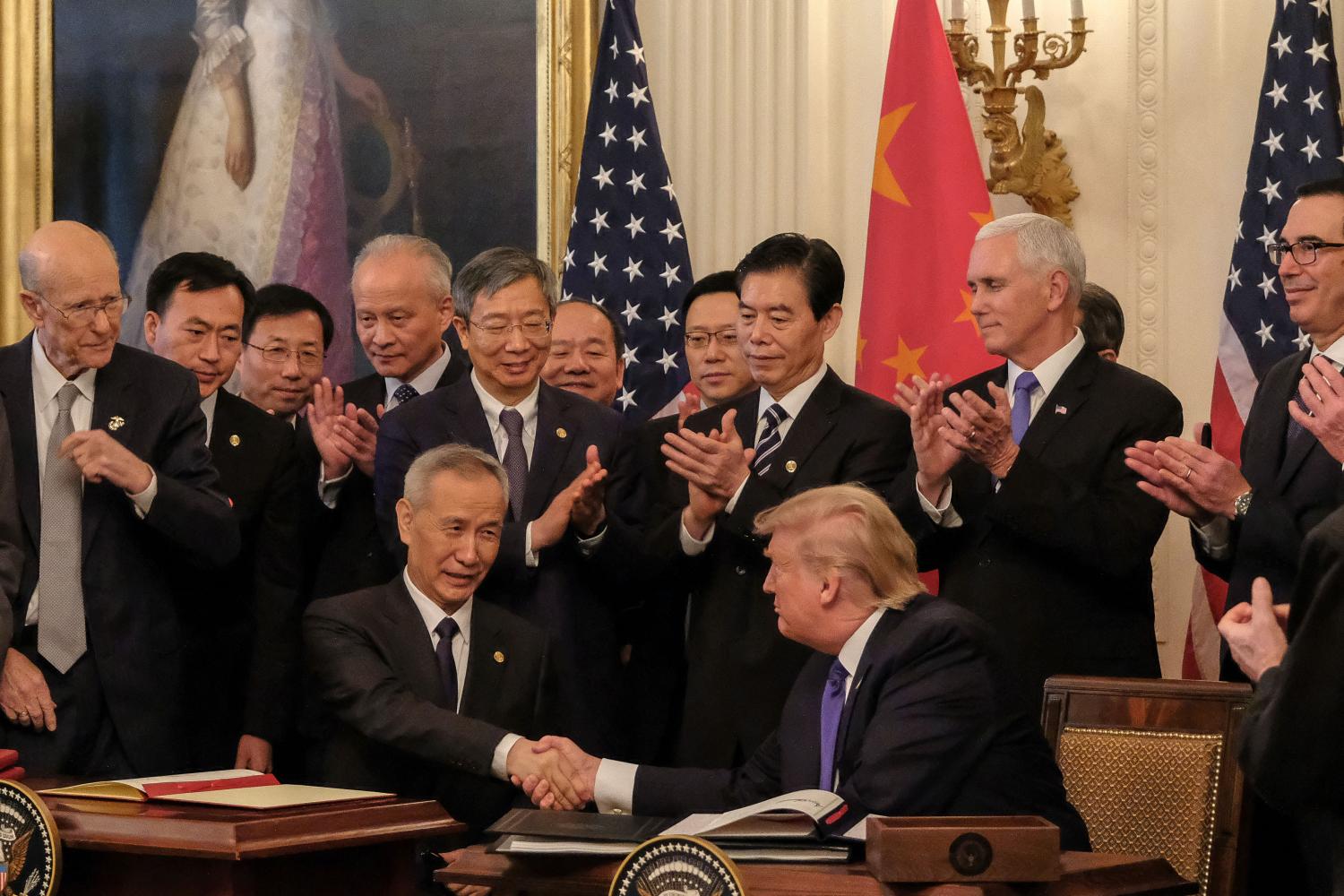President Donald Trump and Chinese Vice Premier Liu He are applauded after signing the Phase 1 trade deal between the United States and China, during a ceremony in the East Room at the White House on Wednesday, January 15, 2020. The Phase 1 deal will cancel upcoming planned tariffs on Chinese-made products and reduces others while Chine has agreed to increase purchases of U.S. farm products and other goods. Photo by Alex Wroblewski/Pool/ABACAPRESS.COM