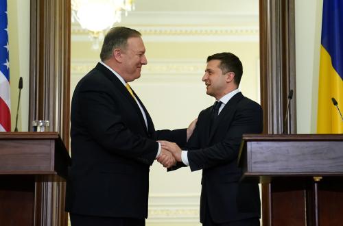 U.S. Secretary of State Mike Pompeo and Ukraine's President Volodymyr Zelensky shake hands during a joint news conference in Kiev, Ukraine January 31, 2020. REUTERS/Kevin Lamarque/Pool