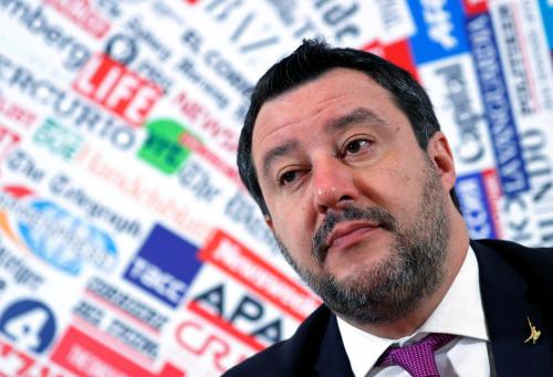 Leader of Italy's far-right party Matteo Salvini attends a news conference a day after the Senate voted to remove his legal protection, opening the way for a trial over accusations he illegally detained migrants at sea last year, in Rome, Italy, February 13, 2020. REUTERS/Guglielmo Mangiapane