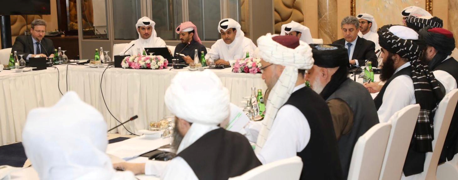 Undated handout picture of U.S., Taliban and Qatar officials during a meeting for peace talks in Doha, Qatar. Qatari Foreign Ministry/Handout via REUTERS ATTENTION EDITORS - THIS PICTURE WAS PROVIDED BY A THIRD PARTY.