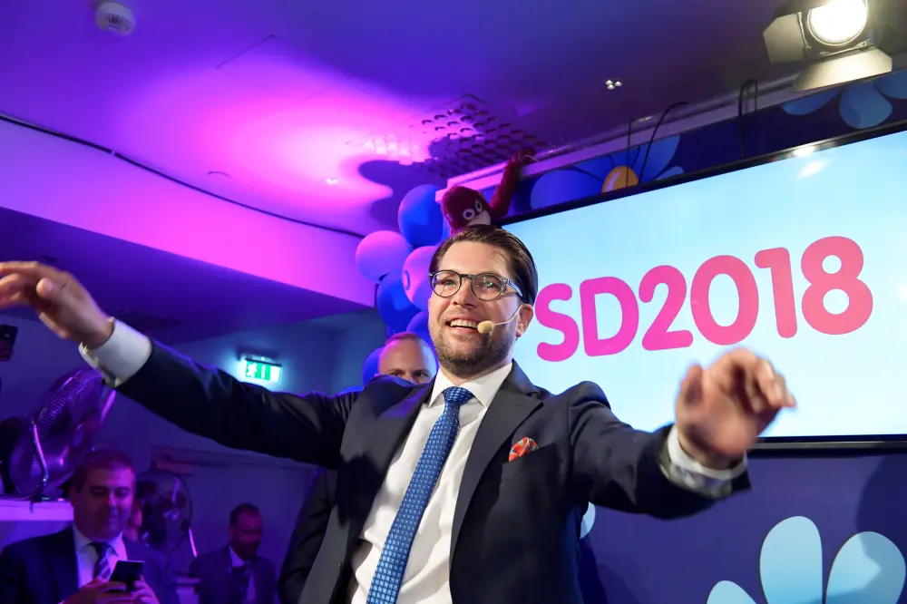 Sweden Democrats party leader Jimmie Akesson speaks on election evening at Kristallen restaurant in central Stockholm, Sweden September 9, 2018. TT News Agency/Anders Wiklund/via REUTERS      ATTENTION EDITORS - THIS IMAGE WAS PROVIDED BY A THIRD PARTY. SWEDEN OUT. NO COMMERCIAL OR EDITORIAL SALES IN SWEDEN.