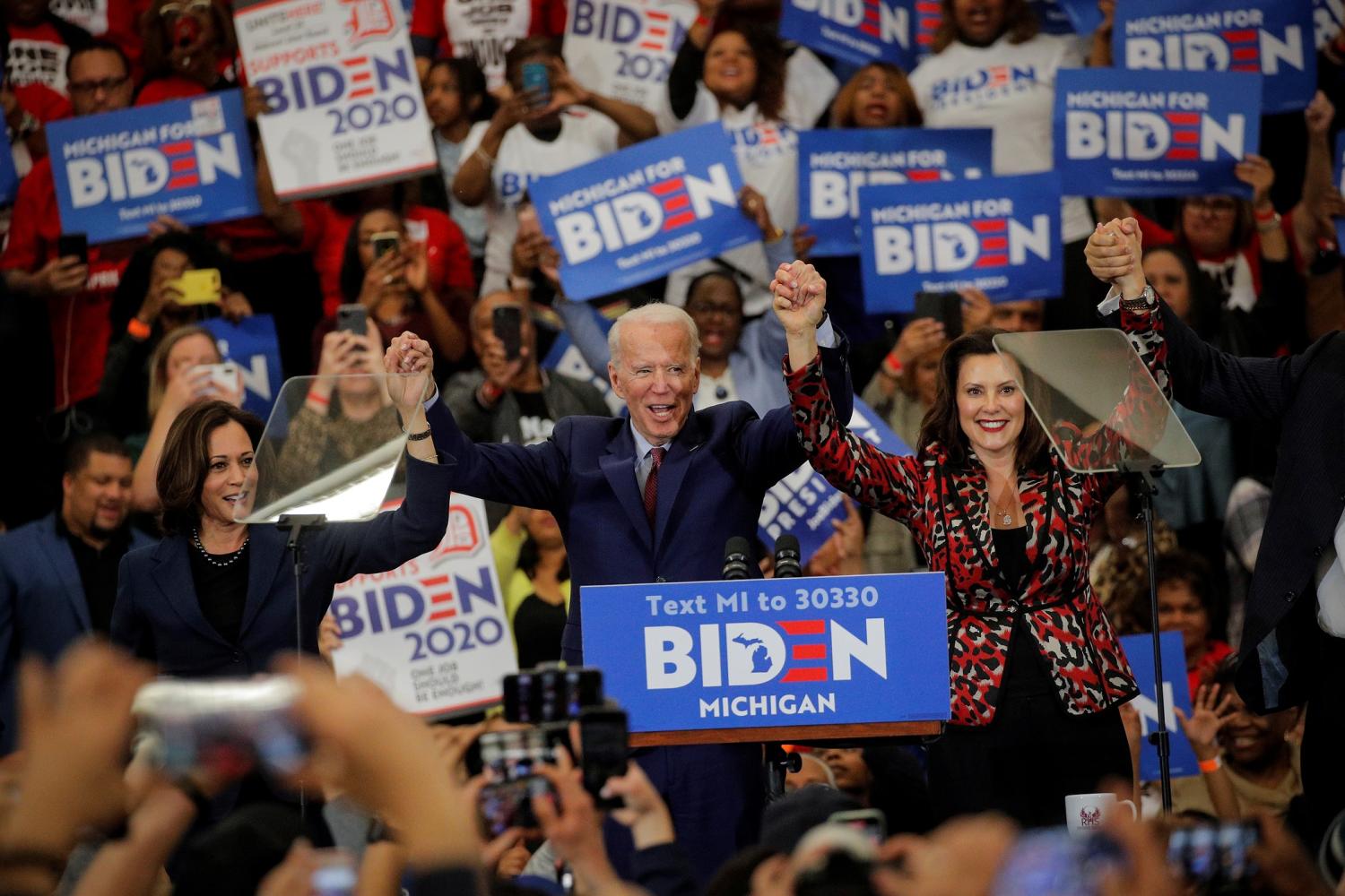 Democratic U.S. presidential candidate and former Vice President Joe Biden U.S. Senator Kamala Harris and Michigan Governor Gretchen Whitmer during a campaign stop in Detroit, Michigan, U.S., March 9, 2020. REUTERS/Brendan McDermid