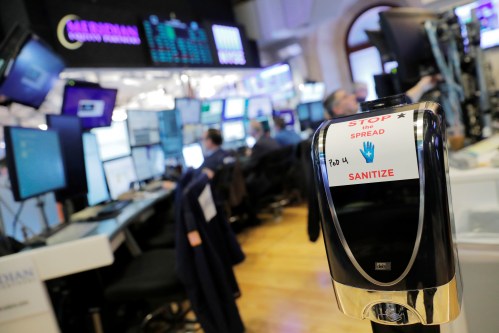 Hand sanitizer as is seen on the floor of the New York Stock Exchange (NYSE) as further cases of coronavirus were confirmed in New York City, New York, U.S., March 10, 2020. REUTERS/Andrew Kelly