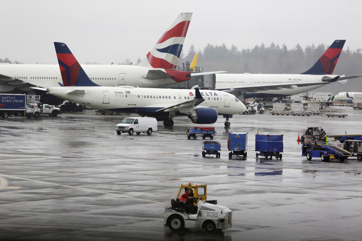 Delta Airlines planes and a British Airways plane (2nd L) are pictured at Seattle-Tacoma International Airport, on the day Delta CEO Ed Bastian told employees he was cutting 40% of capacity in the coming months, the largest in the airline's history, in addition to pursuing aid, in SeaTac, Washington, U.S. March 13, 2020.  REUTERS/Jason Redmond