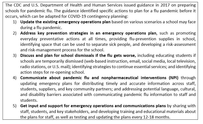contingency plan for school CDC and HHS guidance on preparing schools for the pandemic flu