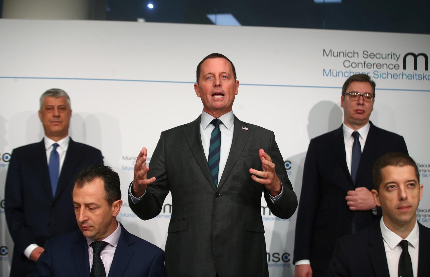 U.S. ambassador to Germany Richard Grenell, Kosovo's President Hashim Thaci and Serbia's President Aleksandar Vucic attend the Munich Security Conference in Munich, Germany, February 14, 2020. REUTERS/Michael Dalder