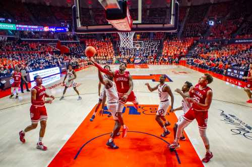 Mar 1, 2020; Champaign, Illinois, USA; Indiana Hoosiers guard Al Durham (1) shoots against the Illinois Fighting Illini during the first half at State Farm Center. Mandatory Credit: Patrick Gorski-USA TODAY Sports
