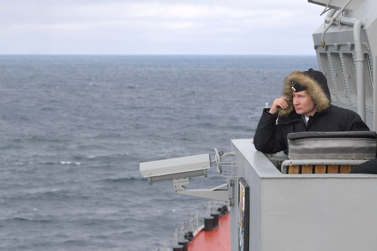 Russian President Vladimir Putin watches a navy exercise and the test launches of nuclear-capable Kinzhal and Kalibr missiles, on board of the Russian Northern fleet's Marshal Ustinov missile cruiser, in the Black Sea off Crimea's coast.