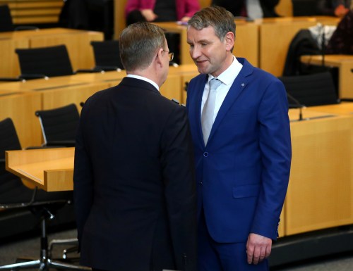 Alternative for Germany (AfD) regional party leader Bjoern Hoecke talks to new elected Thuringia State Prime Minister Bodo Ramelow of the Left Party (Die Linke) state parliament in Erfurt, Germany, March 4, 2020. REUTERS/Hannibal Hanschke