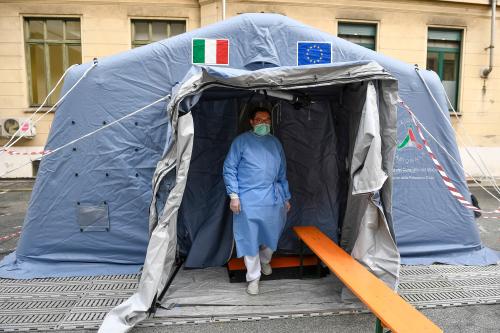 TURIN, ITALY - March 16, 2020: A nurse stands in front of a temporary pre triage tent. The Italian government imposed unprecedented restrictions to halt the spread of COVID-19 coronavirus outbreak, among other measures people movements are allowed only for work, for buying essential goods and for health reasons. (Photo by Nicolò Campo/Sipa USA)No Use UK. No Use Germany.