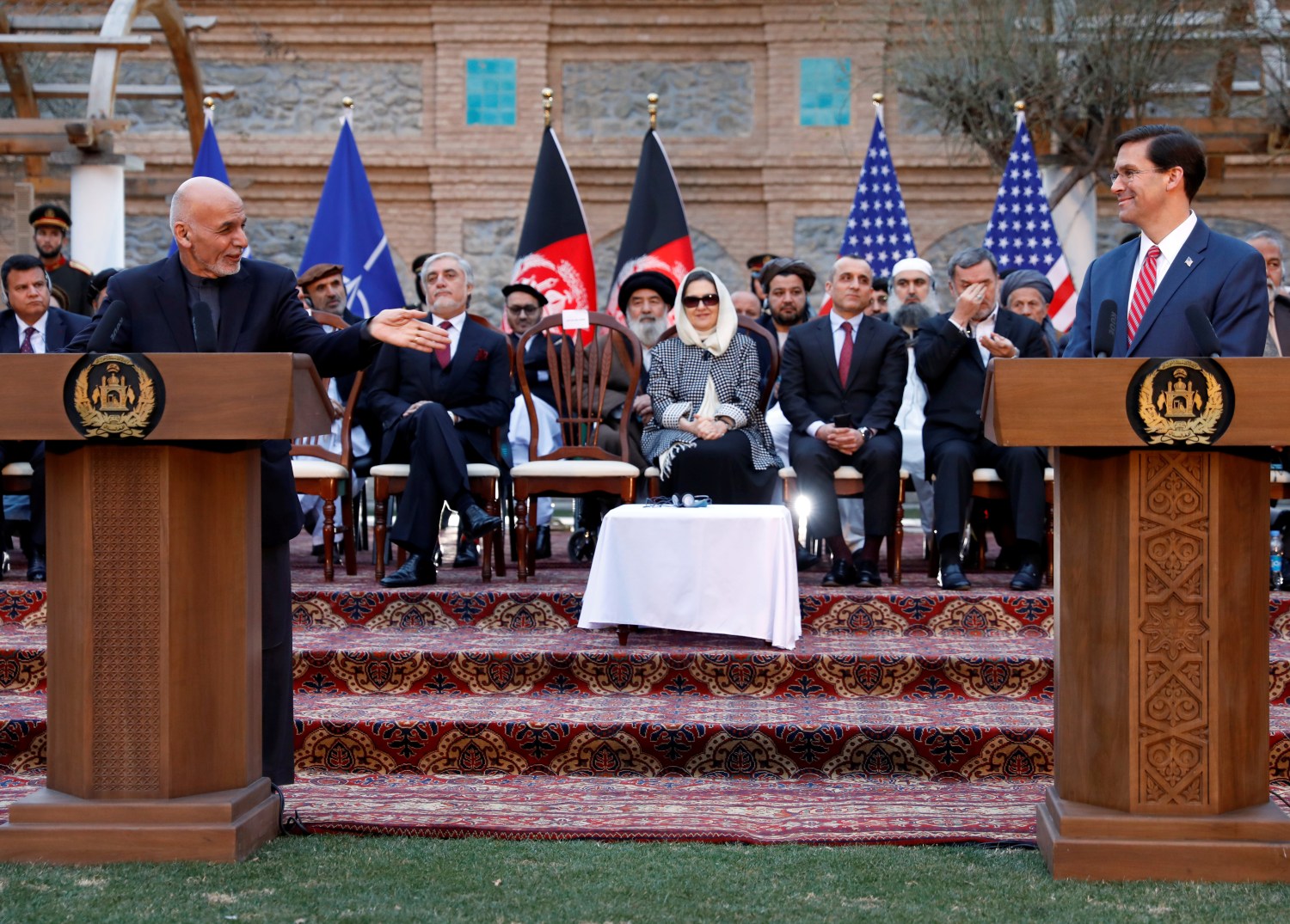 Afghanistan's President Ashraf Ghani speaks as U.S. Defense Secretary Mark Esper looks on during a news conference in Kabul, Afghanistan February 29, 2020.REUTERS/Mohammad Ismail