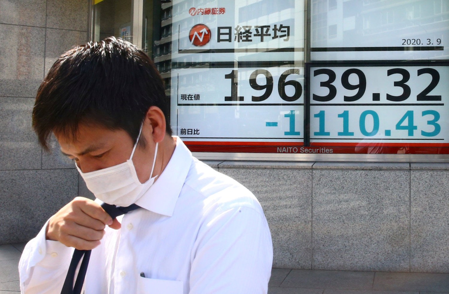 FILE PHOTO: A man wearing a protective face mask stands near an electronic display showing the Nikkei index outside a brokerage in Tokyo, Japan, following an outbreak of the coronavirus disease (COVID-19), March 9, 2020. REUTERS/Edgard Garrido/File Photo