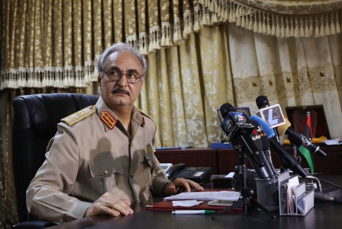 General Khalifa Haftar attends a news conference at Benina air base in Benghazi May 24, 2014. Haftar, a former Gaddafi ally who split with the autocrat in the 1980s, is the latest player to emerge in Libya's network of former fighters vying for control over parts of the country. REUTERS/Esam Omran Al-Fetori (LIBYA - Tags: POLITICS CIVIL UNREST)