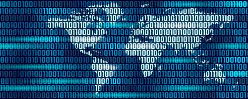 Binary code displayed over a map of the world
